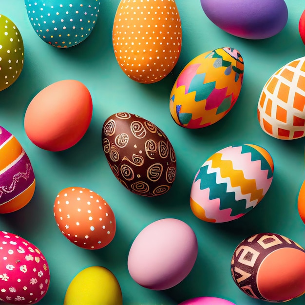 Vue supérieure de la photo des décorations de Pâques œufs de pâques multicolores sur un fond pastel isolé Colorfu