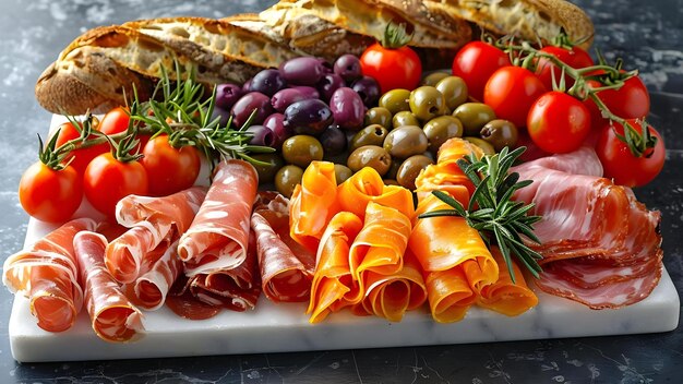 Photo vue supérieure d'un plateau d'antipasto avec du prosciutto, du jambon, des olives, de la baguette sur une planche de marbre, du concept de photographie alimentaire