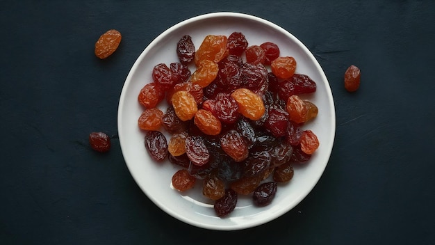 Vue supérieure raisins secs à l'intérieur de l'assiette sur surface sombre raisins sec s'acidifient