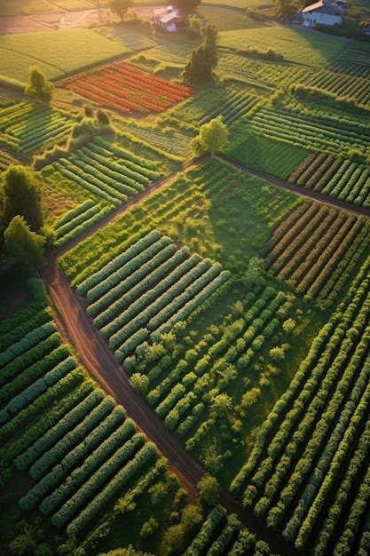 Vue supérieure de rangées de cultures bien organisées dans un champ créé avec un AI génératif