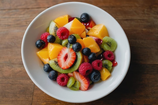 vue supérieure salade de fruits sur un bol blanc sur une table brune