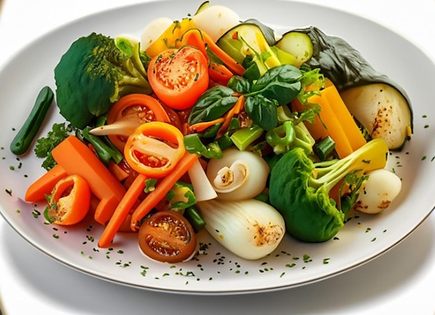 Vue supérieure d'une salade de légumes frais et sains sur fond blanc