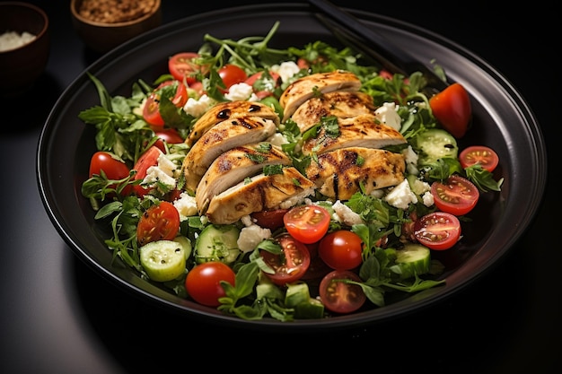 Vue supérieure d'une salade de poulet avec des tomates rouges sur une surface claire