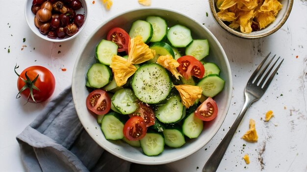 Vue supérieure d'une salade végétalienne saine et délicieuse faite maison décorée de concombres hachés dans une fourchette de bol