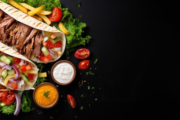 Photo vue supérieure d'une salade de viande et de frites dans un shawarma ou un kebab doner sur un fond noir