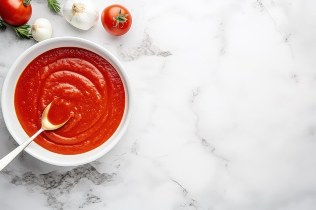 Vue supérieure de la sauce tomate fraîche sur une table en marbre blanc avec un bol et une cuillère