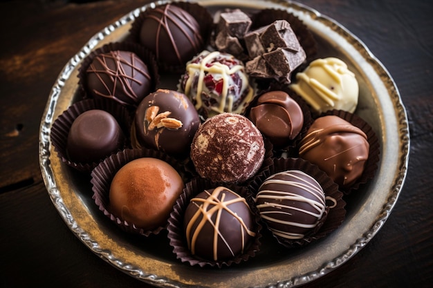 Vue supérieure de la sélection de chocolat sur une assiette