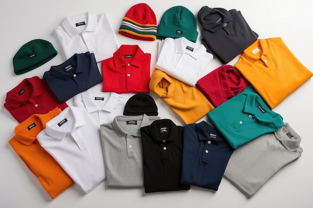 Vue supérieure des t-shirts de mode, chapeau à capuche et chemise polo sur fond blanc