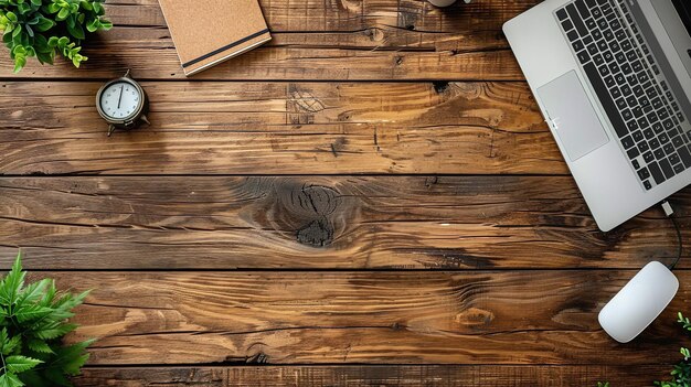 Photo vue supérieure d'une table en bois avec un ordinateur portable et des plantes d'intérieur avec un grand espace au milieu pour le texte ou le produit ia générative