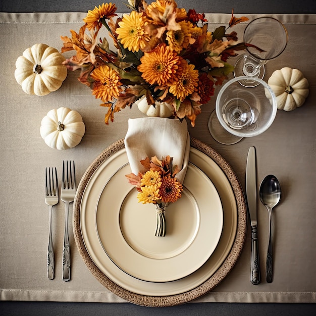 Photo vue supérieure de la table festive en couleur jaune blanc et orange pour la célébration du dîner de l'automne et du jour de thanksgiving