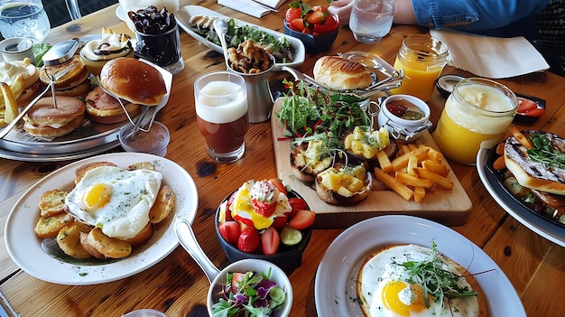 Photo vue supérieure d'une table pleine de nourriture délicieuse, y compris des hamburgers, des sandwichs, des œufs, des fruits et plus encore