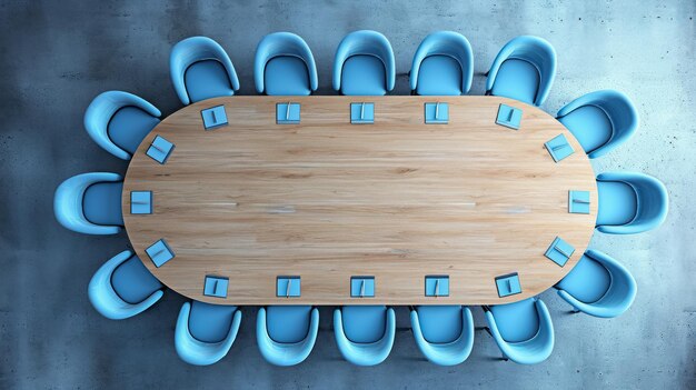 Vue supérieure d'une table de réunion contemporaine avec des chaises bleues sur un fond en béton AI générative