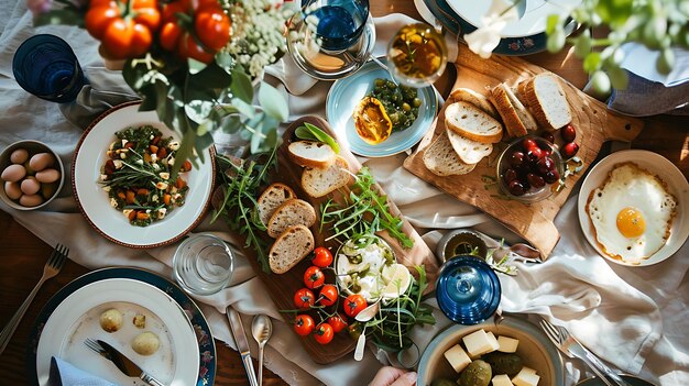 Photo vue supérieure d'une table rustique avec une variété de plats délicieux, y compris du pain, du fromage, des fruits et des légumes