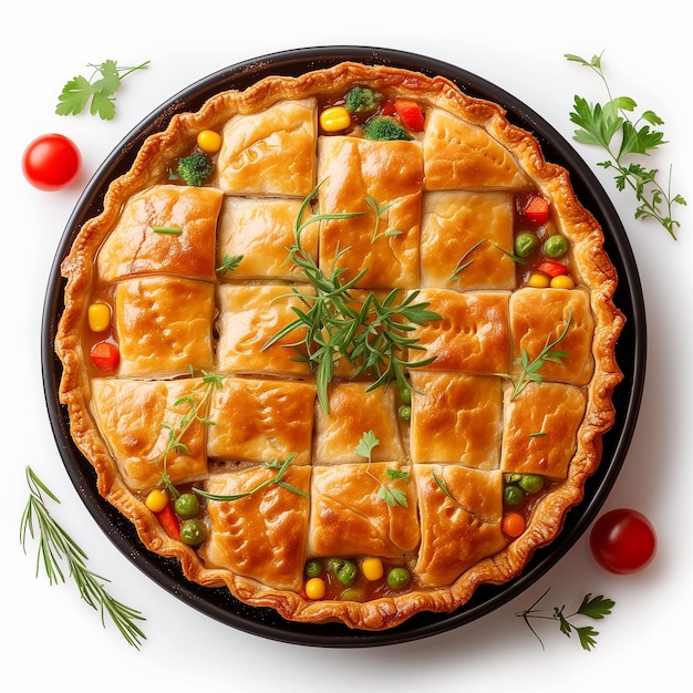 Vue supérieure d'une tarte ronde avec des légumes sur fond blanc