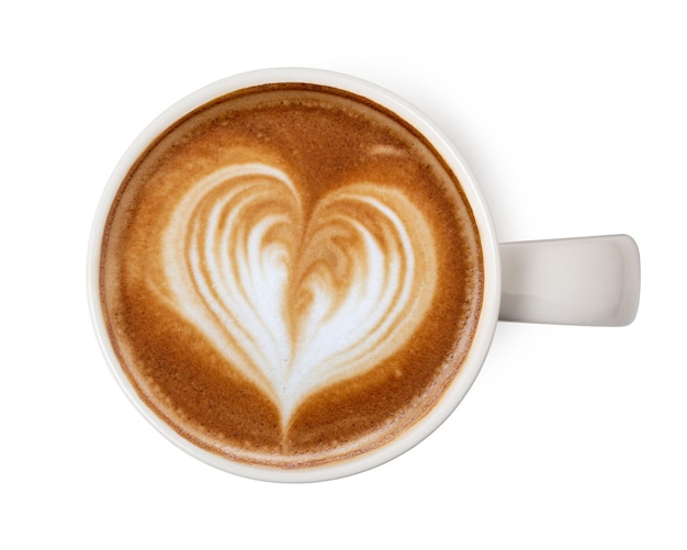 Photo vue supérieure d'une tasse d'art de café latte en forme de cœur en mousse isolée sur fond blanc