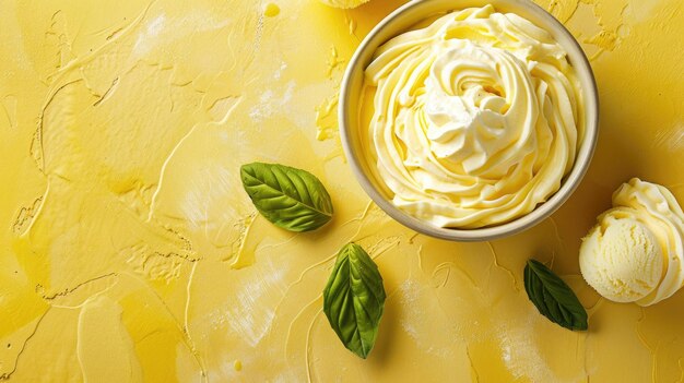 Photo vue supérieure d'une tasse de crème glacée crémeuse sur un fond jaune