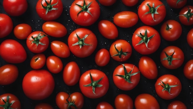 Vue supérieure de tomates fraîches mûres avec des gouttes d'eau sur fond noir