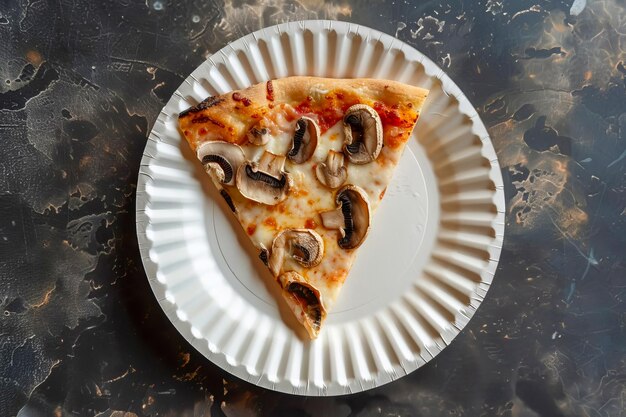 Vue supérieure d'une tranche de pizza avec des champignons sur une assiette en papier générée par l'IA