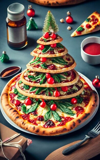 Vue supérieure de la tranche de pizza isolée sur le fond de Noël