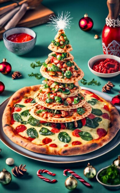 Vue supérieure de la tranche de pizza isolée sur le fond de Noël