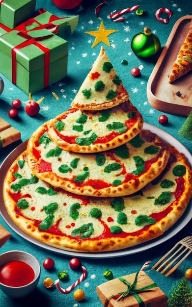 Vue supérieure de la tranche de pizza isolée sur le fond de Noël