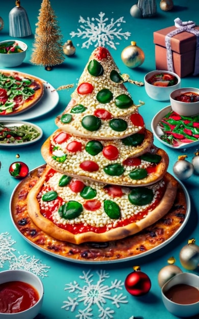 Vue supérieure de la tranche de pizza isolée sur le fond de Noël