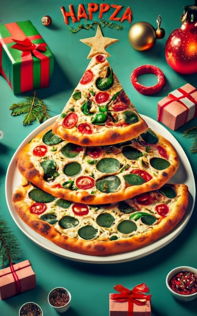 Vue supérieure de la tranche de pizza isolée sur le fond de Noël