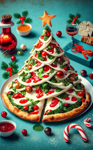 Vue supérieure de la tranche de pizza isolée sur le fond de Noël