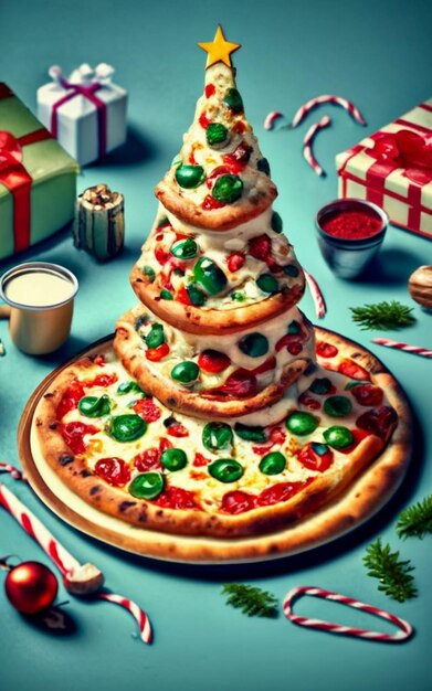 Vue supérieure de la tranche de pizza isolée sur le fond de Noël