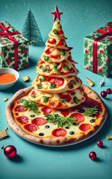 Vue supérieure de la tranche de pizza isolée sur le fond de Noël