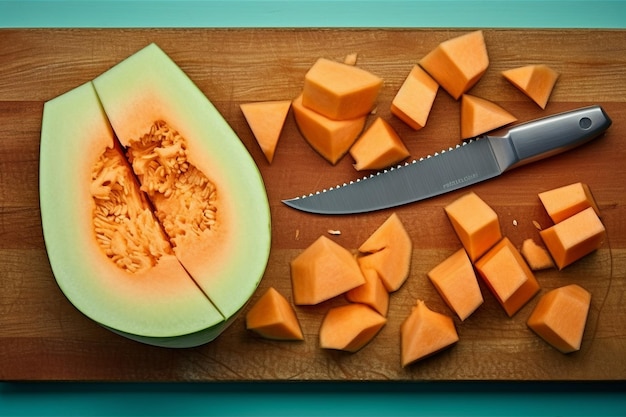 Photo vue supérieure de tranches fraîches de melon de cantaloupe sur une planche de cuisine en bois avec un couteau sur un mur gris