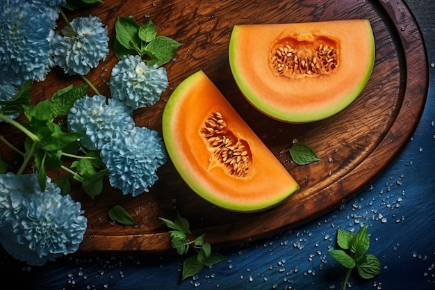 Vue supérieure de tranches de melon de cantaloupe fraîches et délicieuses sur bois blanc avec espace de copie