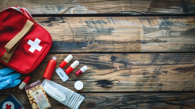 Photo vue supérieure d'une trousse de premiers soins bien organisée sur un fond en bois ai generative