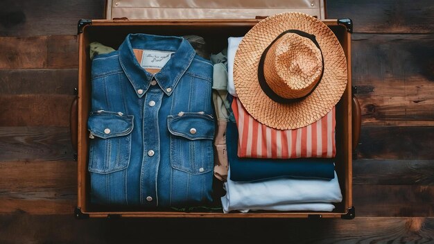 Vue supérieure valise vintage avec des vêtements décontractés