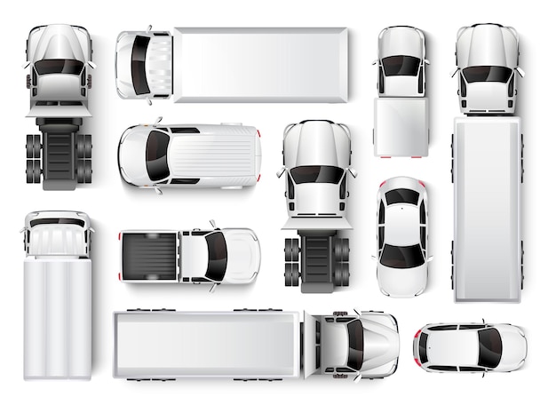 Photo vue supérieure de voitures et de camions véhicules réalistes isolés sur un fond blanc illustration vectorielle