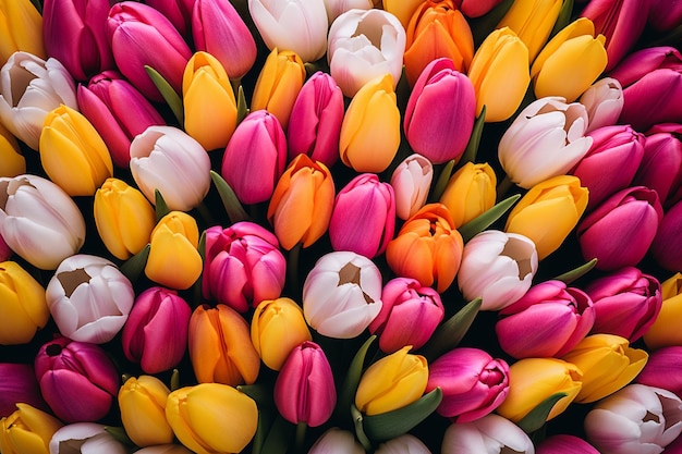 Vue surélevée de belles fleurs de tulipes fraîches