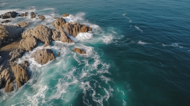 Vue sur la surface de l'eau de mer le rivage rocheux Vue de dessus AI générative