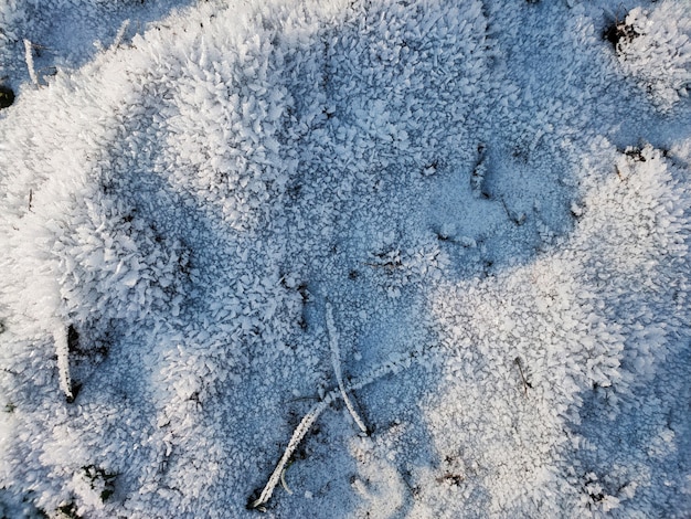 Une vue sur la surface inégale de la terre recouverte de cristaux de givre par une journée ensoleillée et glaciale.