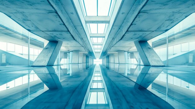 Vue symétrique d'un couloir architectural moderne avec un ton bleu frais