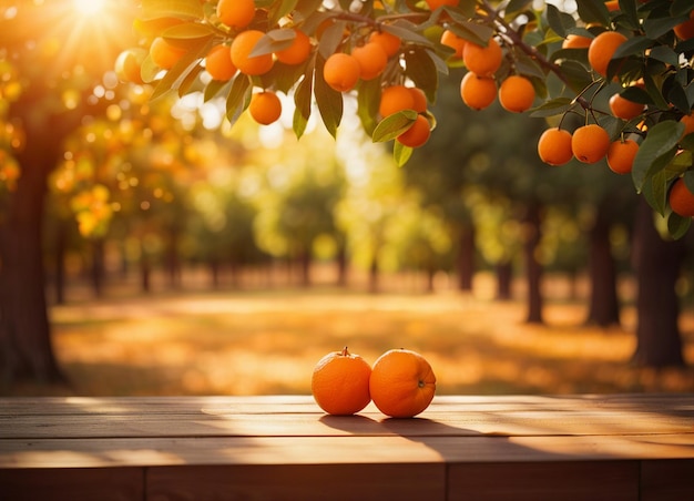 Photo vue de table en bois pour votre produit avec des oranges