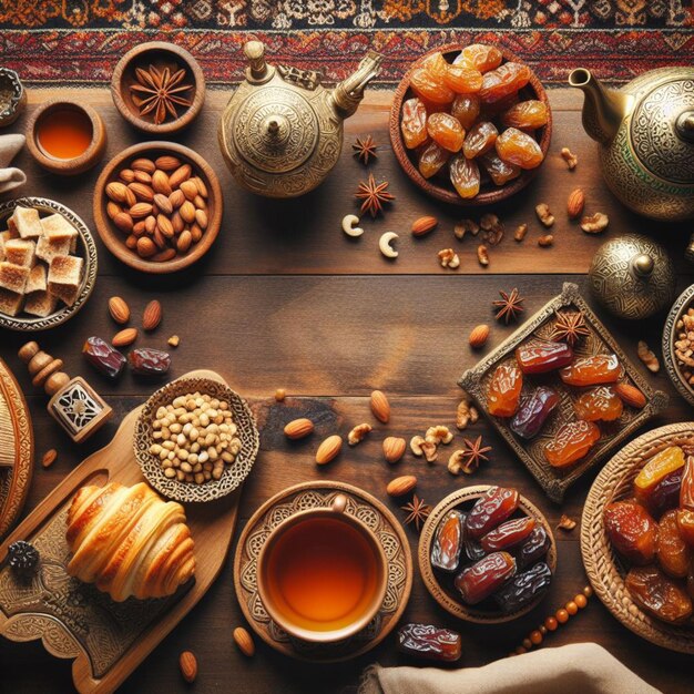 Vue de la table du Ramadan Bannière avec des plats arabes traditionnels et des ensembles de nourriture photo de stock