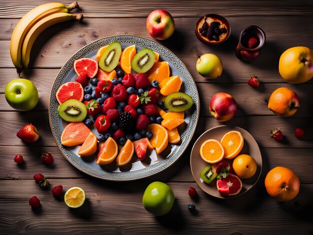 Photo une vue d'une table à manger vibrante avec plein de fruits différents et frais sur une assiette copier l'espace