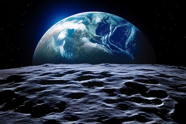 Vue de la terre bleue depuis la surface de la lune