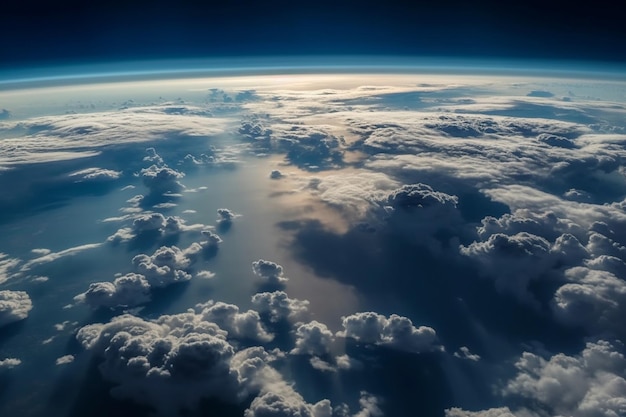 Une vue de la terre depuis l'espace avec des nuages et le soleil qui brille à l'horizon