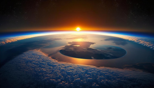 Photo une vue de la terre depuis l'espace avec le soleil qui brille à l'horizon.