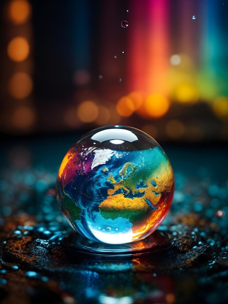Une vue de la Terre enveloppée dans une seule gouttelette d'eau éclairée par un spectre de couleurs et de lumière