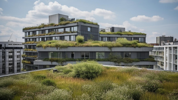Vue d'un toit vert sur un gratte-ciel contemporain avec l'aimable autorisation de Generative AI