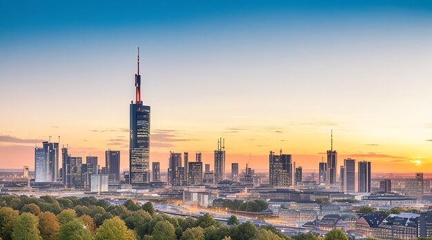 Vue sur les toits de la ville de Francfort en Allemagne au coucher du soleil