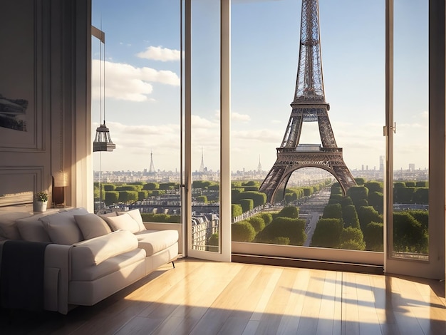 Vue sur la Tour Eiffel depuis un appartement moderne magnifiquement réalisé avec Generative AI