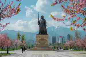 Photo vue tranquille du printemps du monument de skanderbeg